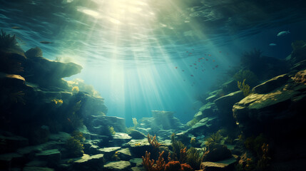 Underwater view of the world, Beautiful blue ocean background with sunlight and undersea scene,...