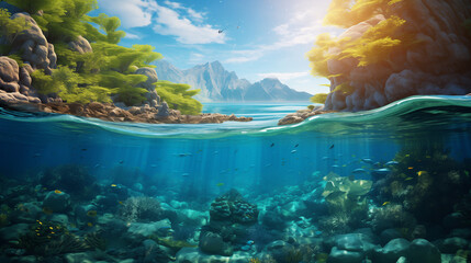 Beautiful blue ocean background with sunlight and undersea scene, water of tropical sea, Ai generated image 