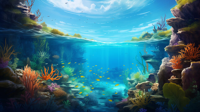underwater scene with coral reef and fishes, Beautiful blue ocean background with sunlight and undersea scene, water of tropical sea, Ai generated image 
