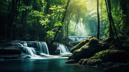 Fototapeten waterfall in the middle of a tropical forest with mossy rocks. natural natural scenery © nomesart