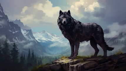 Wolf with blue eyes stands snow animal picture Ai generated art