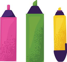 Set of three colorful highlighter pens, pink, green, yellow with caps. School supplies and stationery vector illustration.