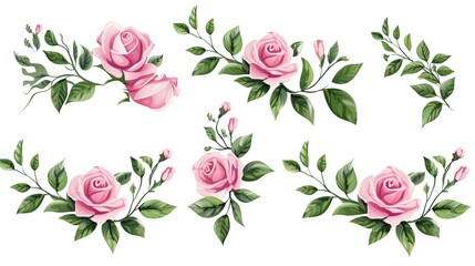 Set of vector bouquets of pink rose. Flowers on white background. All elements are isolated. Elements for wedding design. Corners and borders of pink roses. generative ai