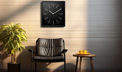Vintage chair, background wooden wall, black square wall clock, outdoor side lighting, sunny day, high quality photo. Generative Ai

