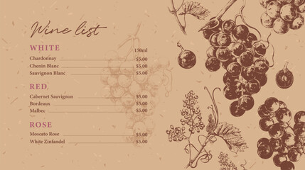 Wine list template with hand drawn elements. Vintage illustration of grape vines with leaves and flowers - obrazy, fototapety, plakaty