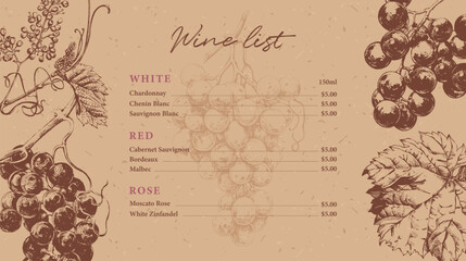 Wine list template with hand drawn elements. Vintage illustration of grape vines with leaves and flowers - obrazy, fototapety, plakaty