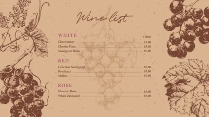 Fotobehang Wine list template with hand drawn elements. Vintage illustration of grape vines with leaves and flowers © liliya shlapak