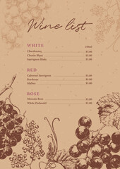 Wine list template with hand drawn elements. Vintage illustration of grape vines with leaves and flowers - 707137148