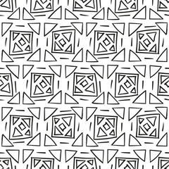 Repeating black and white ornament. Seamless pattern of lines, dots, circles, squares. Monochrome texture for printing and creating your own design