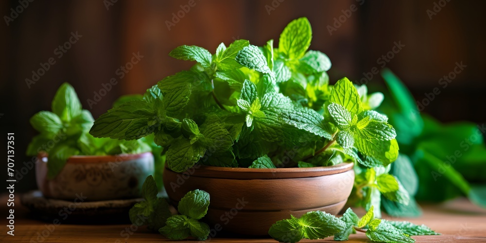 Wall mural fresh mint leaves in mortar bowl