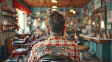 Arri&egrave;re d'une personne dans un salon de coiffure vintage : Style capillaire distinctif et ambiance r&eacute;tro