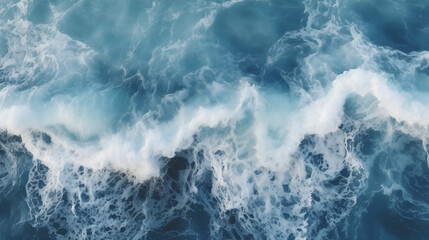 Overhead photo of crashing waves on the shoreline, Waves of water of the river and the sea meet each other during high tide and low tide top view, Ai generated image  - obrazy, fototapety, plakaty