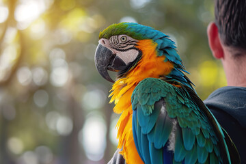 A parrot perched on a man's shoulder. Back side view.