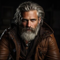 Portrait d'un homme mûr au regard sérieux, barbe et cheveux grisonnants, veste en cuir foncé - obrazy, fototapety, plakaty