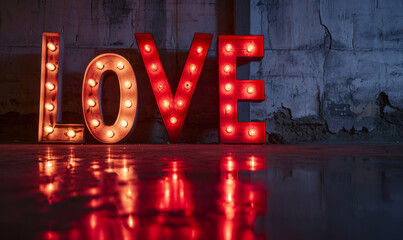 Love valentine's day message in illuminated vintage style broadway display lettering