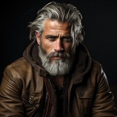 Portrait d'un homme mûr au regard sérieux, barbe et cheveux grisonnants, veste en cuir foncé - obrazy, fototapety, plakaty