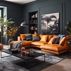 Salon moderne aux teintes sombres avec canapé orange et éléments décoratifs variés
