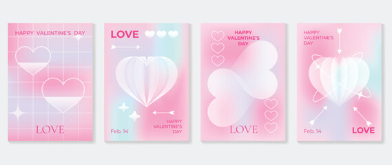 Happy Valentine's day love cover vector set. Romantic symbol poster decorate with trendy gradient heart pastel colorful background. Design for greeting card, fashion, commercial, banner, invitation.