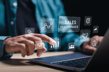 Sales performance management concept. Businessman use laptop to analyze data and sales performance. Strategic Decision Making for Operations Management, increase sales and business growth. - obrazy, fototapety, plakaty