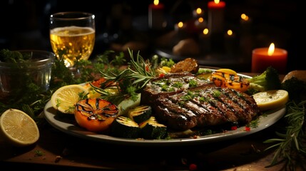Grilled Beef Steak with Vegetables and Rosemary Infusion

