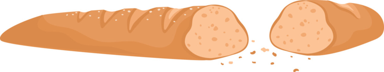 Sliced French baguette bread with crumbs. Bakery fresh loaf section, cut bakery product. Baking food and homemade meal, bread vector illustration.