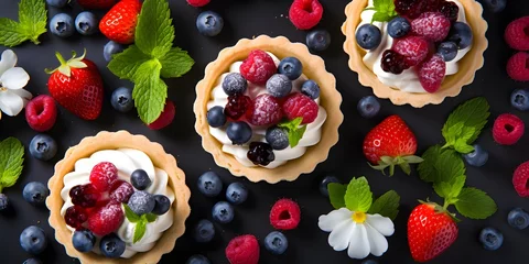 Foto auf Glas Healthy summer pastry dessert. Berry tartlets or cake with cream cheese top view. © Ziyan Yang