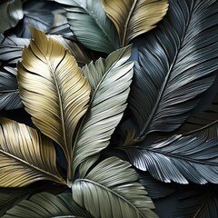 Assemblage artistique de feuilles métalliques en bleu, gris et or