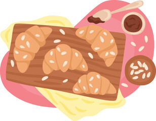 Croissants on wooden board with cups of coffee, breakfast scene. Fresh baked pastries and hot drinks, top view vector illustration.