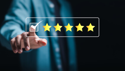 Customer experience concept. Person choose virtual five star excellent rating for feedback review...