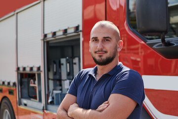 Confident firefighter stands with crossed arms, exuding resilience and preparedness, ready to...