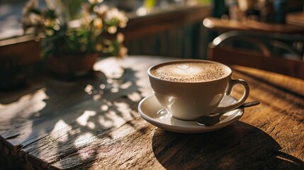 Tasse à café latte art sur une table - obrazy, fototapety, plakaty