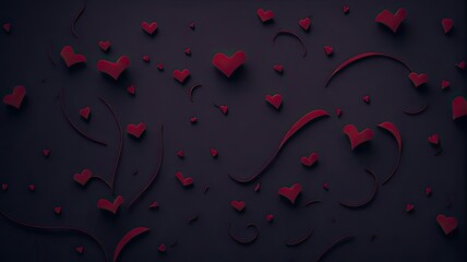 Valentine's day background with hearts, 3d rendering, red hearts on dark background, Valentine's day design, 3d illustration, Copy space, hearts and ribbons