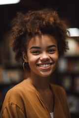 cropped portrait of a happy young woman standing in a bookstore
