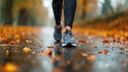 A girl running down the street in rainy fall weather
