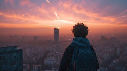 Silhouette urbaine au lever/coucher du soleil : personne contemplant la ville depuis les hauteurs - obrazy, fototapety, plakaty