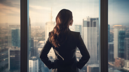 A thoughtful businesswoman stands in a modern office, gazing at the downtown skyline, offering ample space for text. Captures ambition and urban professional life.