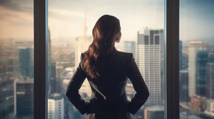 Foto op Aluminium A thoughtful businesswoman stands in a modern office, gazing at the downtown skyline, offering ample space for text. Captures ambition and urban professional life. © Mongkol