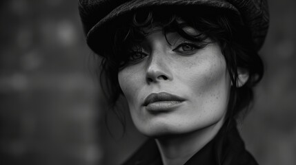Portrait d'une femme de 40 ans une casquette Gavroche en noir et blanc avec un air m&eacute;lancolique et pensif