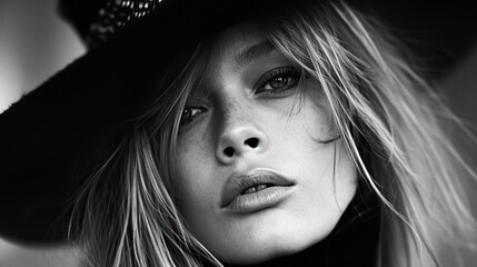 Portrait d'une femme de 30 ans avec un chapeau en noir et blanc avec un air mélancolique et pensif