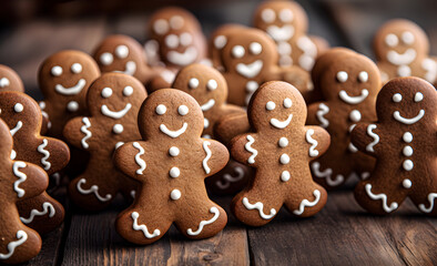 A close-up of many gingerbread men on a wooden table