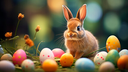rabbit and colorful eggs. Easter holiday concept.