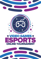 Esports Online Tournament. Video Games streaming. Cyber sport and gaming concept. Play in arcade, video or computer game. Gamepad, controller or joystick. Leisure, entertainment and fun. Vector