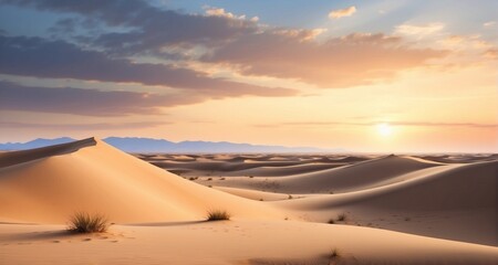 Fototapeta na wymiar Evoke a sense of tranquility and isolation in a solitary desert scene, capturing the vast expanse of rolling sand dunes under the warm glow of a setting sun- Generative AI
