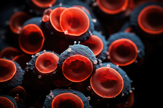 Detailed electron microscopy image showcases blood cells at 500x zoom, blending technology and science for educational and medical research purposes.