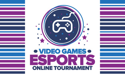 Esports Online Tournament. Video Games streaming. Cyber sport and gaming concept. Play in arcade, video or computer game. Gamepad, controller or joystick. Leisure, entertainment and fun. Vector