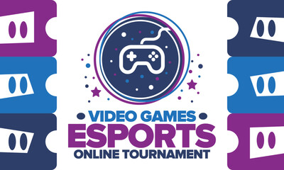 Esports Online Tournament. Video Games streaming. Cyber sport and gaming concept. Play in arcade, video or computer game. Gamepad, controller or joystick. Leisure, entertainment and fun. Vector