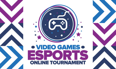 Esports Online Tournament. Video Games streaming. Cyber sport and gaming concept. Play in arcade, video or computer game. Gamepad, controller or joystick. Leisure, entertainment and fun. Vector