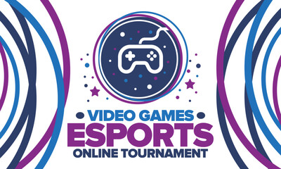 Esports Online Tournament. Video Games streaming. Cyber sport and gaming concept. Play in arcade, video or computer game. Gamepad, controller or joystick. Leisure, entertainment and fun. Vector