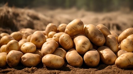 Heap of fresh potato on the ground. Organic farming products
