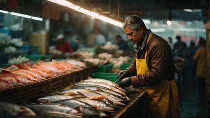 man selling fresh fish at a fish market  - obrazy, fototapety, plakaty